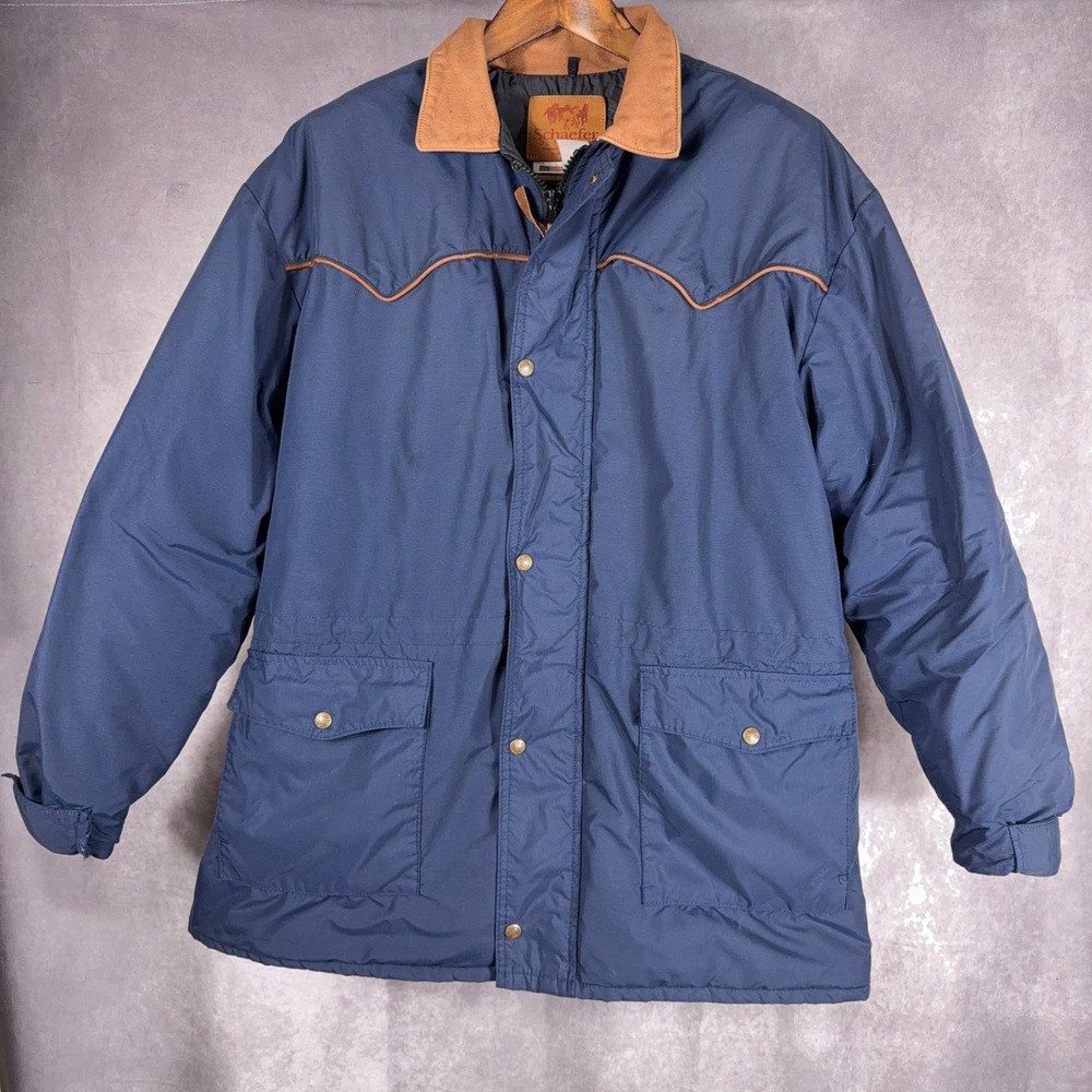 Schaefer Outfitter Drifter Jacket Leather Collar‎ Nylon Western Large Blue USA